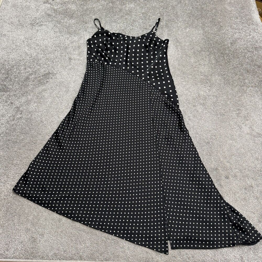 A New Day Polka Dot Satin Slip Dress Women Medium Black White Spaghetti Strap